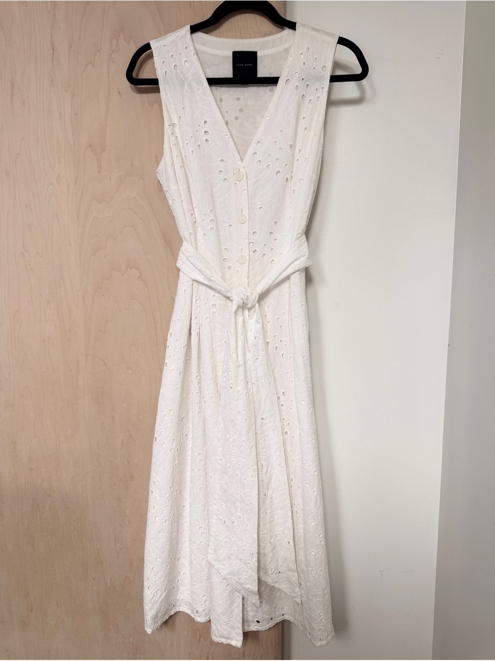 Alex Marie White Eyelet V‑Neck Tie‑Waist Midi Dress